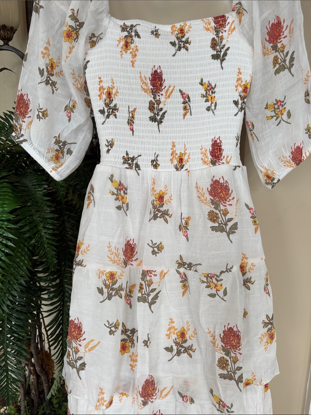 J. Gee White Boho Floral Tiered Maxi Dress Smocked Bodice Ruffle Puff Sleeves - Picture 11 of 15